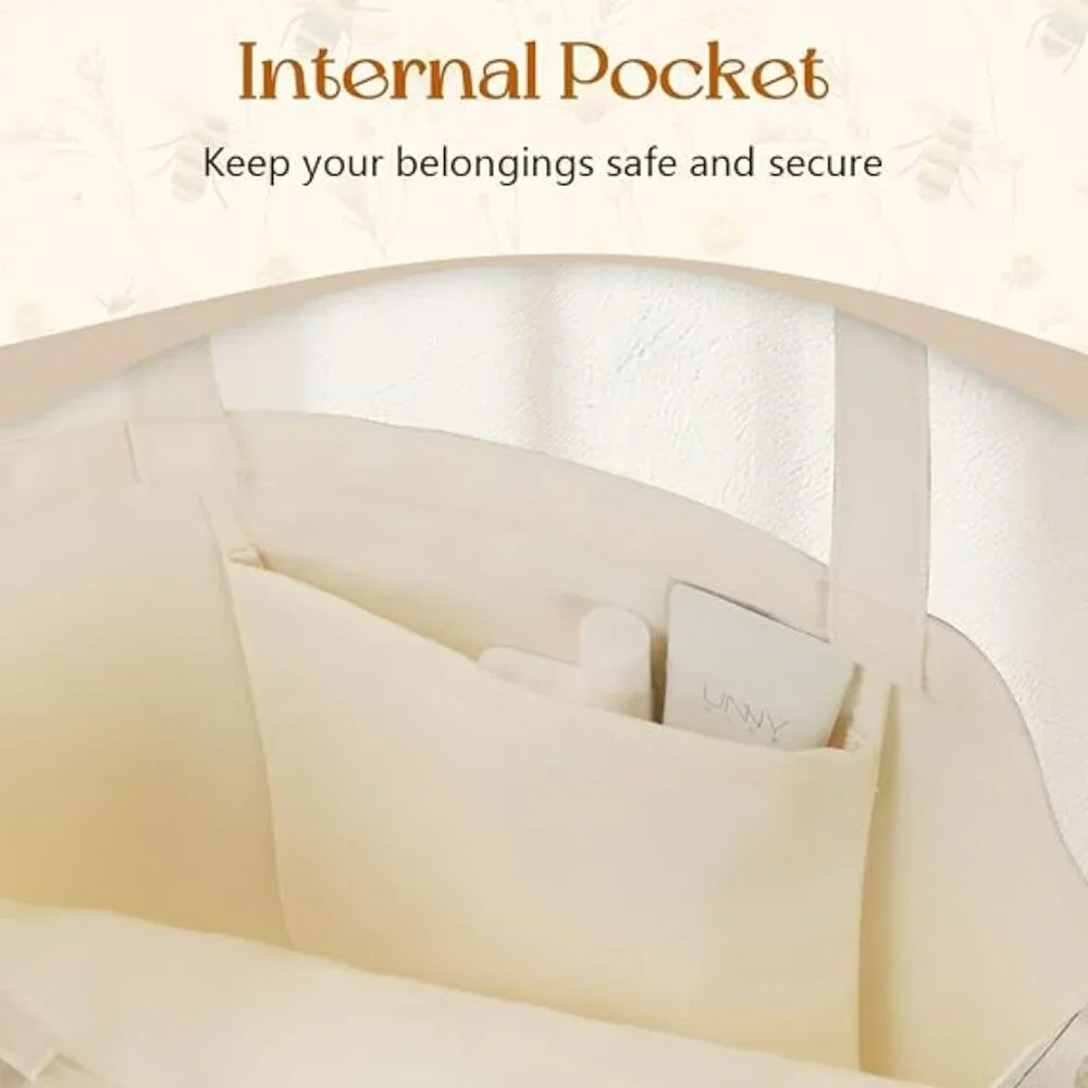 Floral Bumble Bee Canvas Tote Bag with Pockets - Aesthetic Reusable Totes - Picture 2 of 6